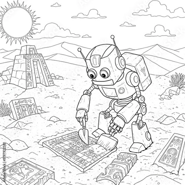 Fototapeta A diligent robot archaeologist meticulously unearths ancient relics from a sandy desert, revealing forgotten secrets near weathered pyramid ruins under a bright sun, a captivating discovery scene