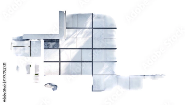 Fototapeta Overhead view of a tiled, modern space with a sharp-angled design, shadows