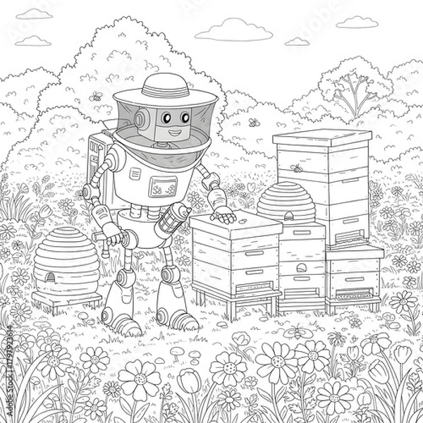 Fototapeta A cute robot beekeeper character caring for beehives in a blooming field of wildflowers and nature