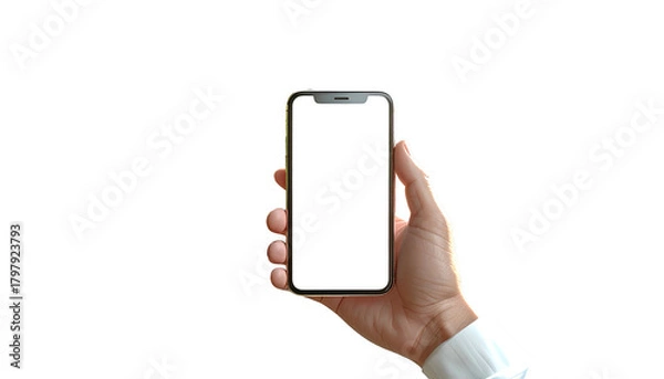 Fototapeta Hand holding a modern phone with a blank white screen against a black background