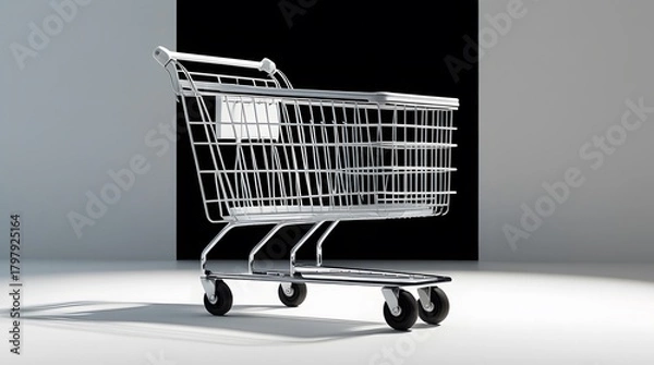 Obraz Studio Shot of a Modern White Metallic Supermarket Cart with High Contrast Lighting
