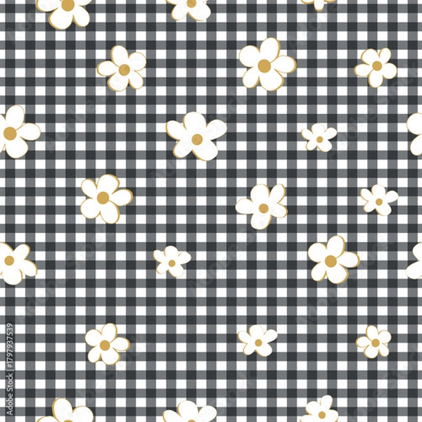 Fototapeta Black plaid pattern seamless fabric design pattern daisies