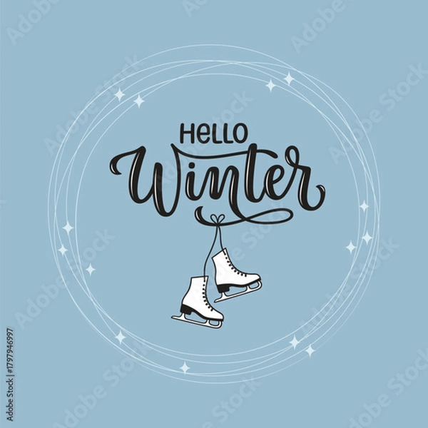 Fototapeta Hello Winter hand lettered phrase with hanging ice skates in a circle of blade trails and sparks