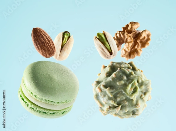 Obraz Pistachio truffle and macaroons on mint background