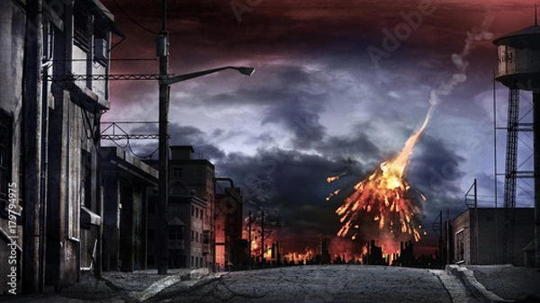 Obraz Meteor eksplodujący nad miastem