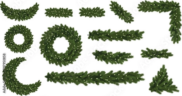 Obraz Set of realistic evergreen Christmas decorations with sparkling lights. Includes wreaths, garlands, and borders for festive holiday designs
