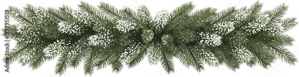 Obraz Realistic frosted winter pine garland with snow, a long festive holiday border for Christmas or New Year celebration and seasonal design