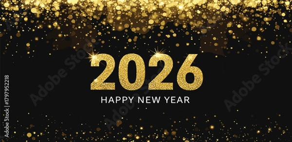 Obraz Elegant New Year 2026 celebration banner featuring a cascade of shimmering gold glitter and sparkling typography on a sophisticated black background