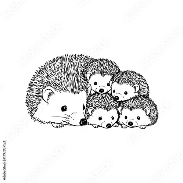 Obraz An endearing sketch captures a heartwarming scene of a hedgehog and its three adorable offspring, radiating the warmth of family bonds.
