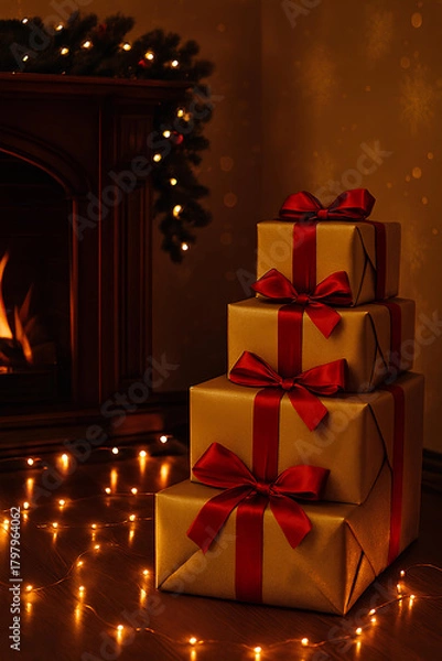 Obraz Holiday Gift Stack with Garland Glow