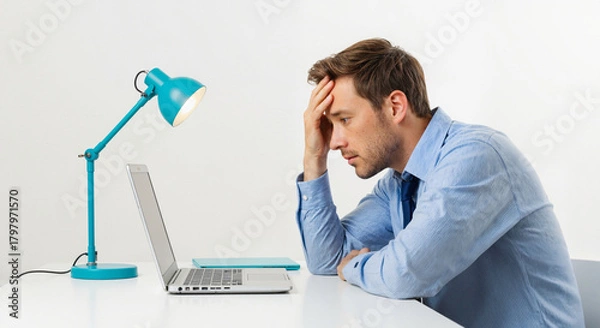 Obraz Stressed young businessman working on a laptop in a bright office with a desk lamp