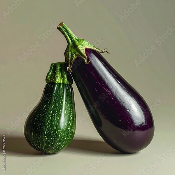 Fototapeta Still life of an eggplant and a green zucchini squash