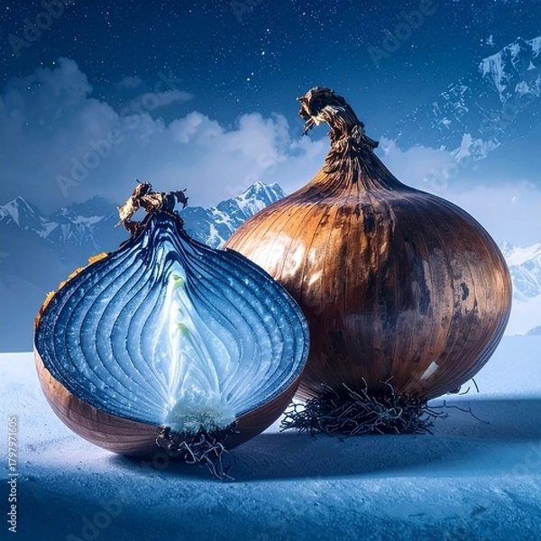 Fototapeta A whole onion and a half onion against snowy peaks