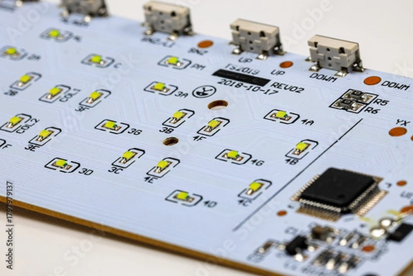 Fototapeta Controller module on LED light module board, electronic circuit panel with surface mount diodes on gray PCB. 
