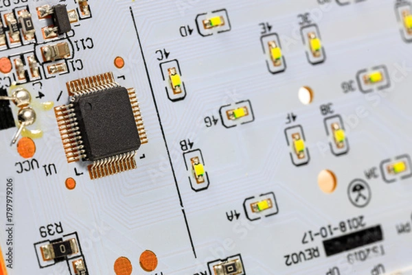 Fototapeta Controller module on LED light module board, electronic circuit panel with surface mount diodes on gray PCB. 