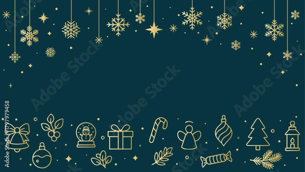 Fototapeta Golden Christmas border with hanging snowflakes and festive holiday icons, cheerful New Year background with decorative toys, gifts and ornaments in elegant line style