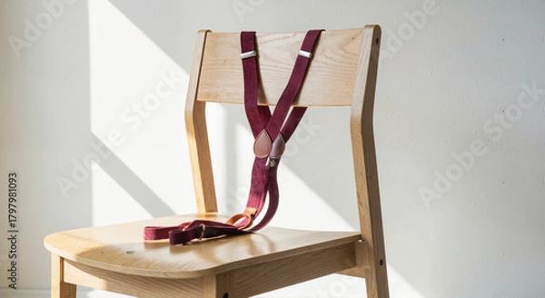 Obraz Stylish burgundy suspenders hanging over a wooden chair in a bright space