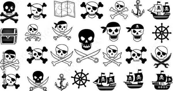 Fototapeta Playful skull and bone doodles with pirate theme on white background