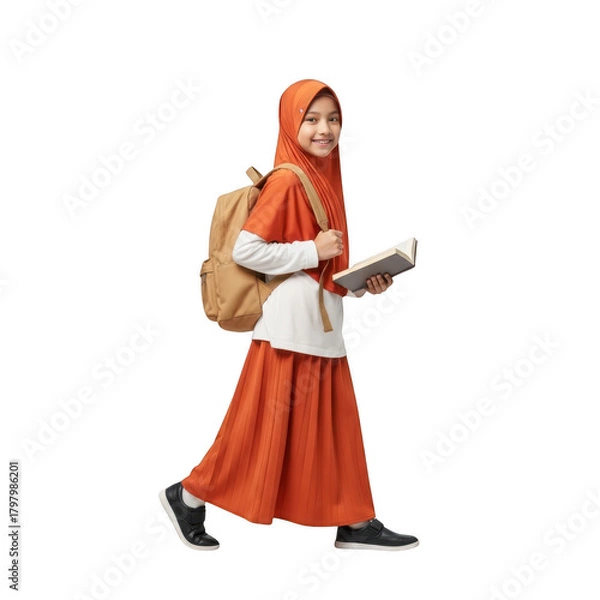 Obraz Young muslim girl in hijab with backpack and book isolated on transparent background