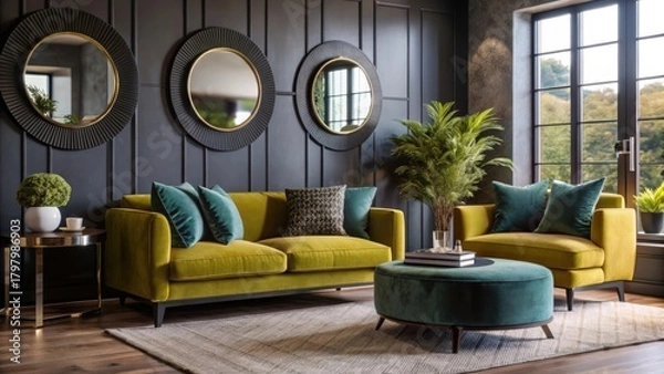 Obraz Luxurious yellow velvet sofa and armchair set with teal accents isolated on white background