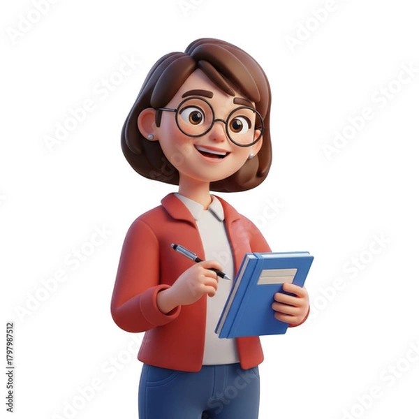 Obraz Cartoon woman holding tablet isolated on transparent background