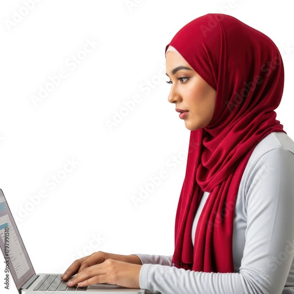 Obraz Young muslim woman wearing a red hijab working on a laptop isolated on transparent background