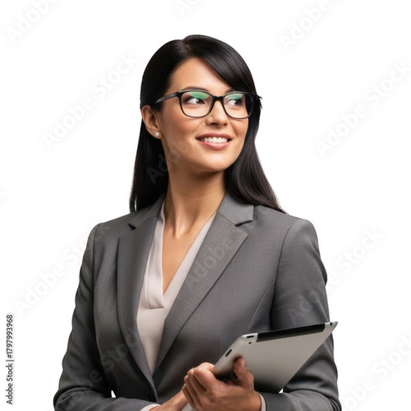 Obraz Smiling businesswoman holding a tablet isolated on transparent background