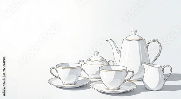Obraz Elegant porcelain tea set with golden accents on a minimalistic background