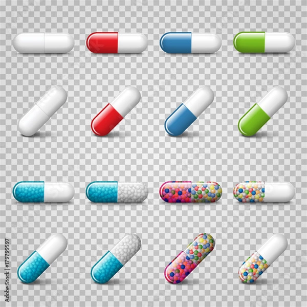 Fototapeta Set of vector realistic red, green, blue and color pills or capsules isolated on trasparent background. Medicines, tablets, drug of painkillers, antibiotics, vitamins.