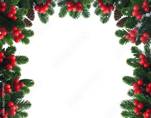 Fototapeta Christmas fir branches with red berries and pine cones forming a festive border