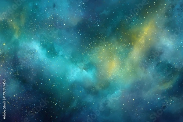 Obraz Stunning cosmic abstraction with shades of blue and green, evoking depth and infinity, scattered stars and light bursts in yellow and white, creating a mystical starry sky atmosphere