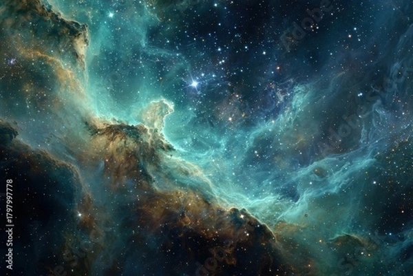 Obraz Captivating cosmic landscape with vibrant galactic clouds and twinkling stars in soothing shades of green, blue, and brown, evoking a sense of wonder and the vastness of the universe