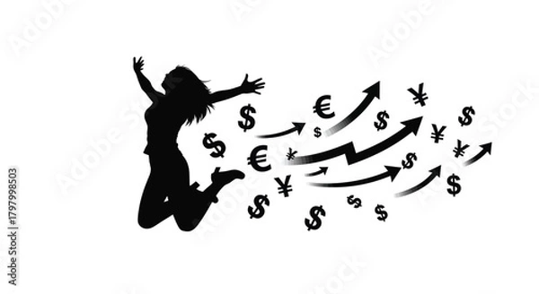 Fototapeta Silhouette of a joyful woman surrounded by financial growth and currency symbols