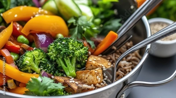Fototapeta Nutritious and Colorful Stir-Fry Bowl Featuring Fresh Vegetables and Tofu