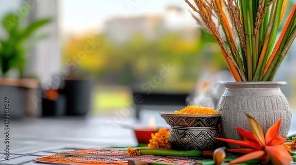 Fototapeta Intimate setting showcasing traditional Thai celebration elements with soft focus background