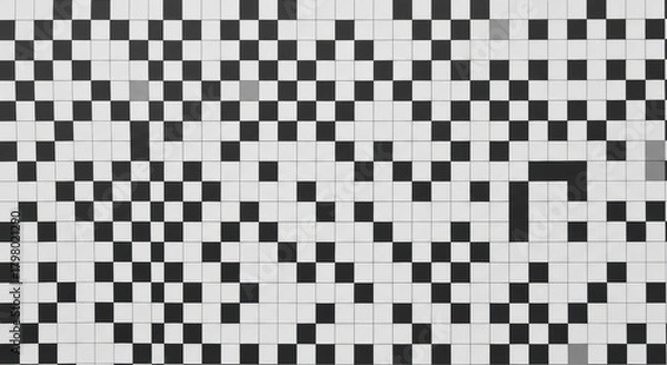 Fototapeta A seamless, perfectly flat black and white checkerboard pattern, uniform, crisp, undistorted squares filling the frame, abstract top-down flat lay with ultra-flat studio light, Concept of structure