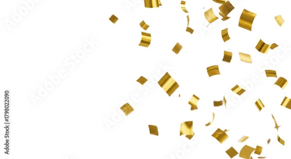 Fototapeta Shiny golden metallic confetti pieces of various sizes, captured mid-air with crisp focus against a pure bright white background, dynamic spread, soft studio lighting. Corporate success concept
