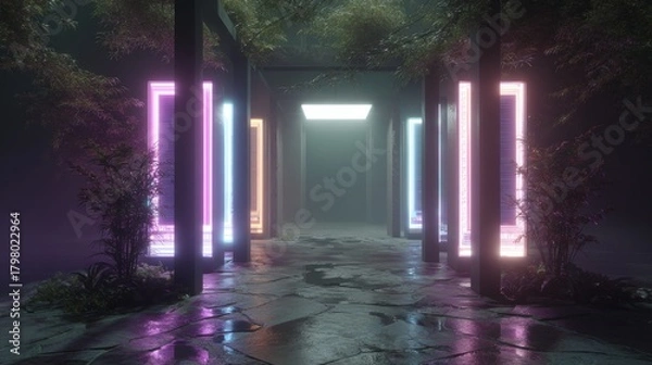 Fototapeta Futuristic cyber architecture gallery featuring property nfts and illuminated signage displays