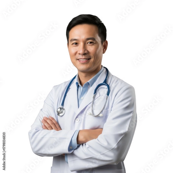 Obraz Smiling asian doctor with stethoscope isolated on transparent background