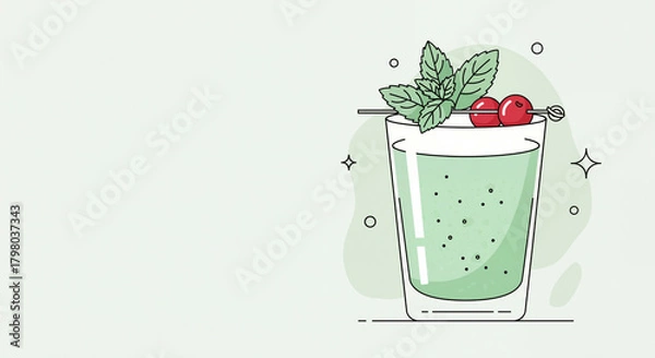 Obraz Refreshing mint drink illustration with cherry garnish on light background and copy space