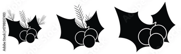 Obraz Holly Berry Christmas Icon Set – Monochrome Silhouette and Festive Leaf Illustrations