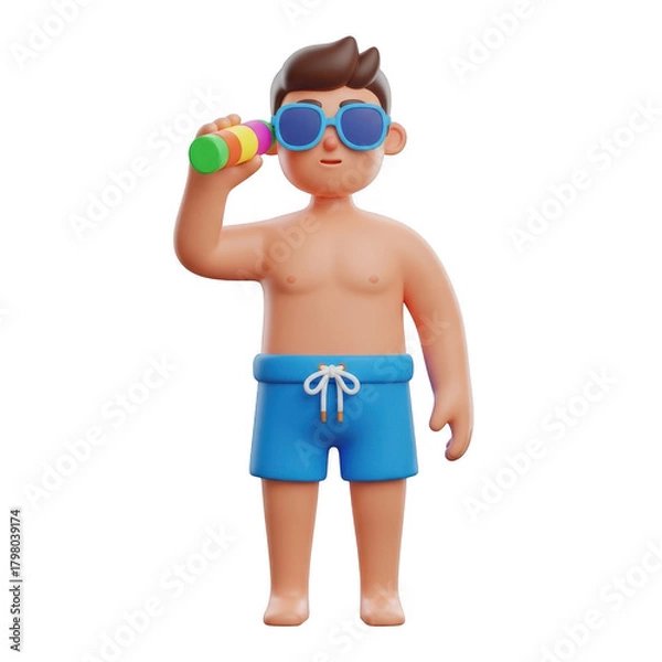 Fototapeta Cartoon boy in blue swim trunks holding a colorful water gun isolated on transparent background