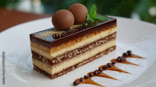 Fototapeta Opera cake with thin layers of coffee cream and dark chocolate