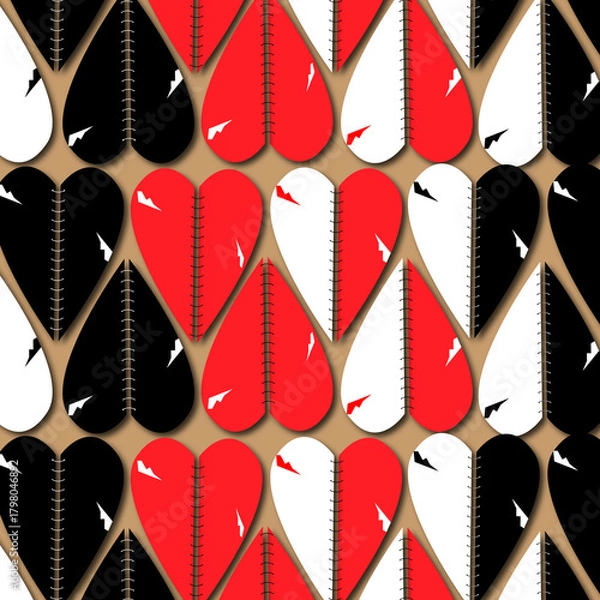 Obraz Seamless Broken Heart Pattern – Red, Black, White Stitched Heart Repeat Design