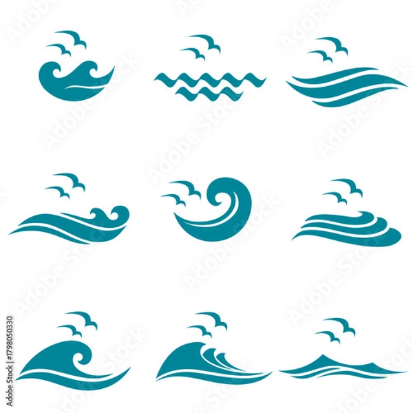 Fototapeta abstract collection of sea waves with seagulls isolated on white background
