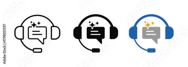 Obraz Three headset icons with speech bubbles and sparkles On Transparent Background