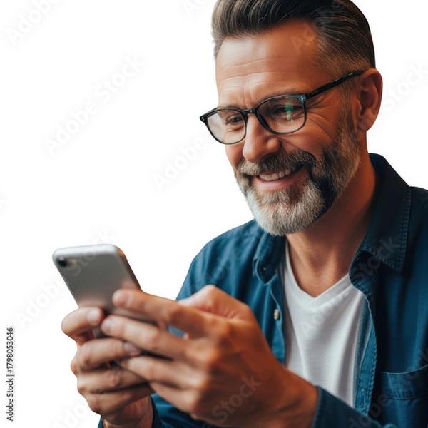 Fototapeta Man with glasses smiling while looking at his smartphone isolated on transparent background