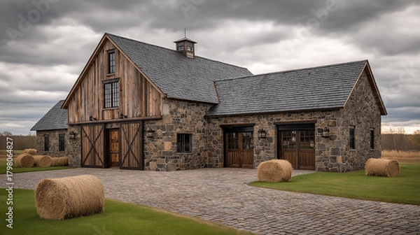 Fototapeta Rustic Stone Barn Building with Wooden Shutters and Grey Roof Under Dramatic Stormy Sky in Rural Countryside