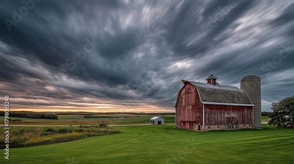 Fototapeta Dramatic Dark Storm Clouds Over Red Barn in Rural Farm Landscape at Dusk with Moody Evening Sky