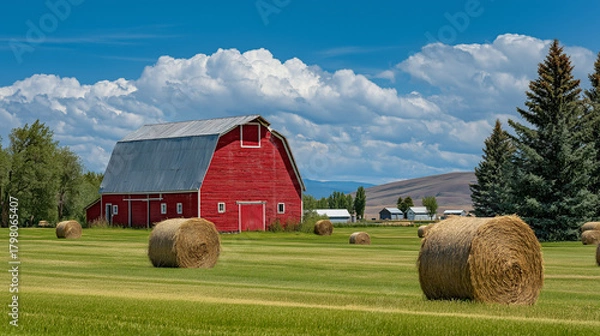 Fototapeta Red Barn and Hay Bales in Green Field with Mountain Landscape